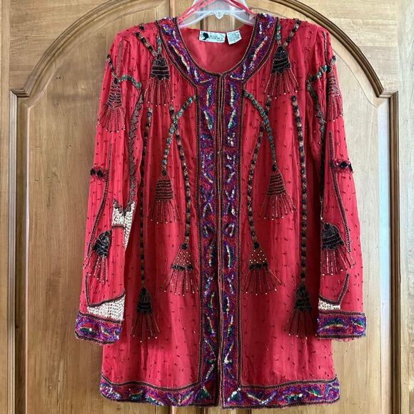 TRUE VINTAGE Created for Essence by Mail beaded SILK jacket L large - Picture 1 of 16